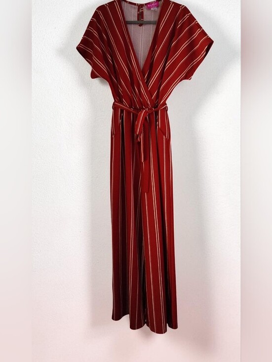 mia rose Pants - Mia Rose Striped Rusty Red Wrap Jumpsuit with Tie Waist Size 2x